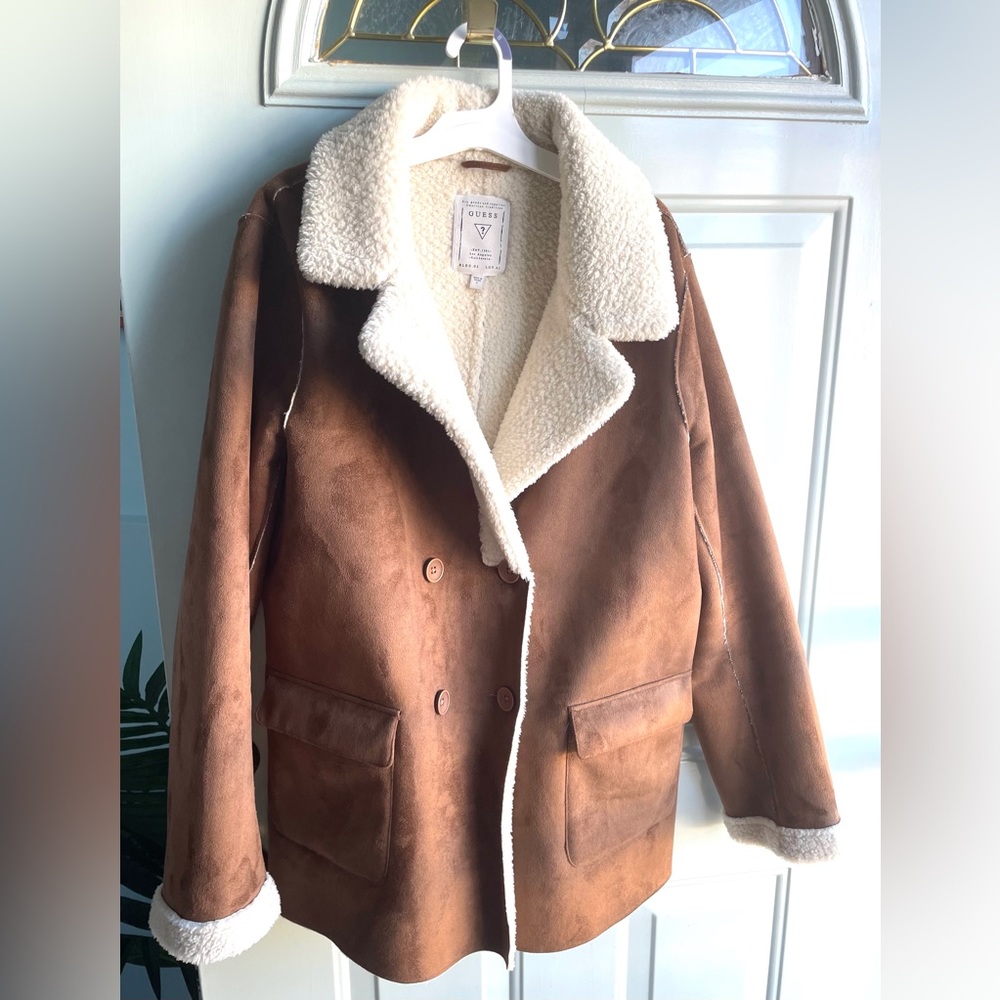 Mens Large Guess Faux Suede Sherpa Jacket Coat